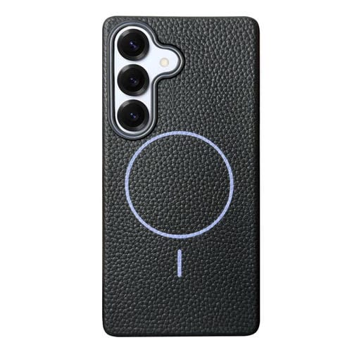 Funda de TPU con textura de lichi MagSafe para Samsung Galaxy S25+ 5G (negro y morado)