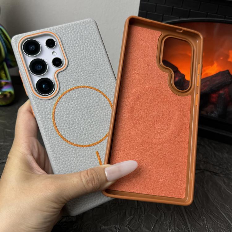 Funda de TPU con textura de lichi MagSafe para Samsung Galaxy S23 Ultra 5G (negro y naranja)