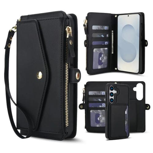 Funda de cuero desmontable con cordón para Samsung Galaxy S25+ 5G (negro)
