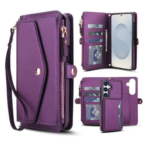 Funda de cuero desmontable con cordón para Samsung Galaxy S25 5G (morado oscuro)