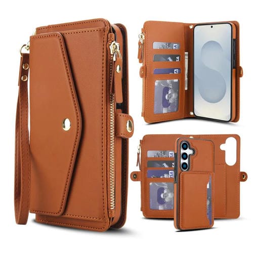Funda de cuero desmontable con cordón para Samsung Galaxy S25 5G (marrón)