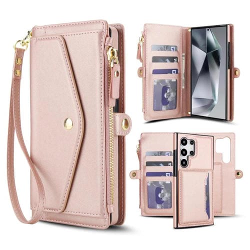 Funda de cuero desmontable con cordón para Samsung Galaxy S24 Ultra 5G (oro rosa)