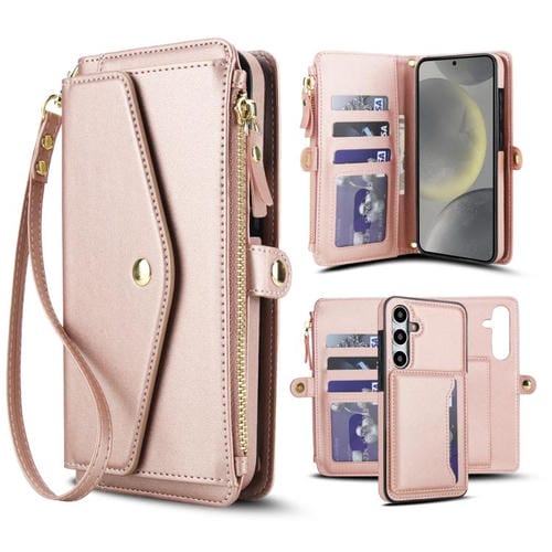 Funda de cuero desmontable con cordón para Samsung Galaxy S24 FE 5G (oro rosa)