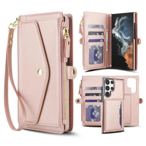 Funda de cuero desmontable con cordón para Samsung Galaxy S22 Ultra 5G (oro rosa)