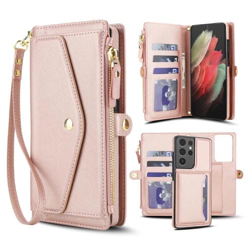 Funda de cuero desmontable con cordón para Samsung Galaxy S21 Ultra 5G (oro rosa)