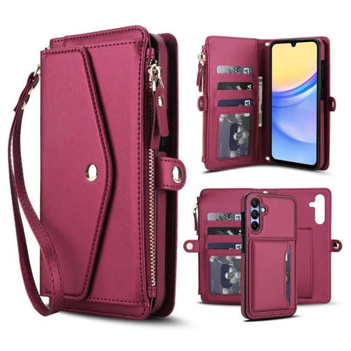 Funda de cuero desmontable con cordón para Samsung Galaxy A56 5G (multifuncional, roja)