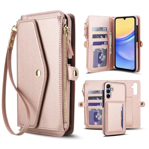 Funda de cuero desmontable con cordón para Samsung Galaxy A56 5G (oro rosa)
