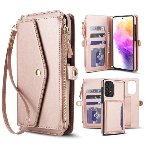 Funda de cuero desmontable con cordón para Samsung Galaxy A72 5G (oro rosa)