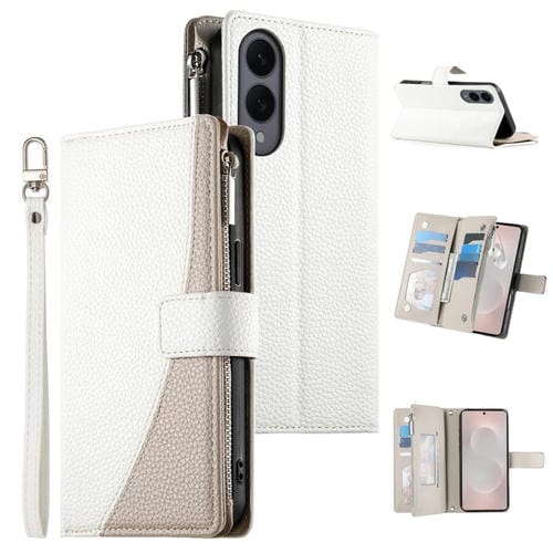 Funda de cuero tipo billetera con cremallera y múltiples tarjetas para Samsung Galaxy S25 Edge 5G, con costuras y correa corta (blanca)