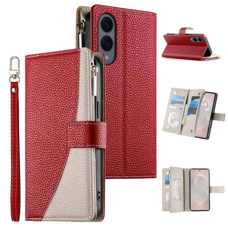 Funda de cuero tipo billetera con cremallera para Samsung Galaxy S25 Edge 5G, con costuras, múltiples tarjetas y correa corta (roja)