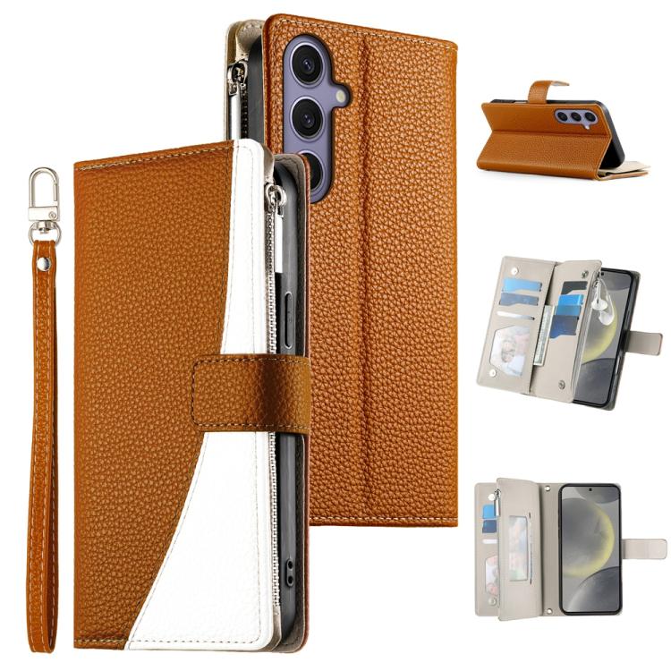 Funda de cuero con cremallera para Samsung Galaxy S24+ 5G / S25+ 5G, con costuras, para múltiples tarjetas y correa corta (marrón)