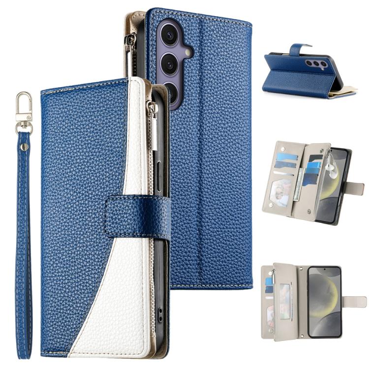 Funda de cuero con cremallera para Samsung Galaxy S24+ 5G / S25+ 5G, con costuras, para múltiples tarjetas y correa corta (azul oscuro)