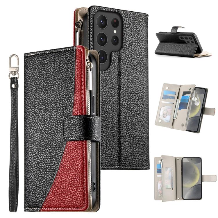 Funda de cuero tipo billetera con cremallera y múltiples tarjetas para Samsung Galaxy S24 Ultra 5G, con costuras y correa corta (negra)
