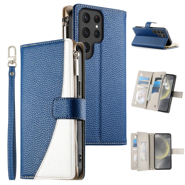 Funda de cuero con cremallera para Samsung Galaxy S24 Ultra 5G, con costuras, múltiples tarjetas y correa corta (azul oscuro)