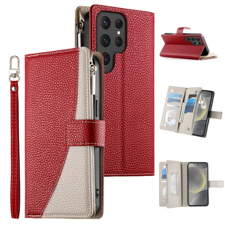 Funda de cuero tipo billetera con cremallera para Samsung Galaxy S24 Ultra 5G, con costuras, múltiples tarjetas y correa corta (roja)