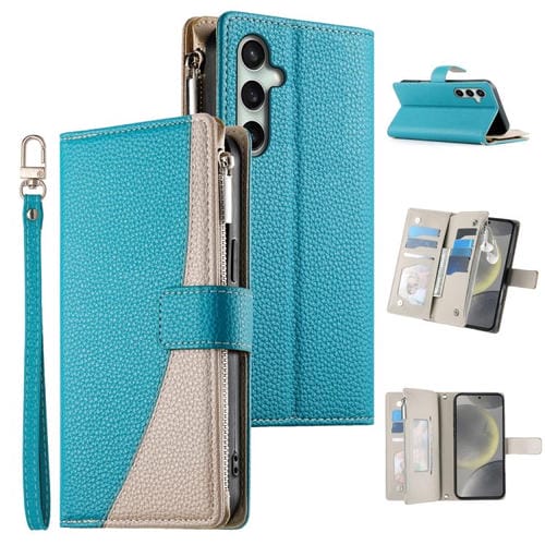 Funda de cuero con cremallera para Samsung Galaxy S24 FE 5G, con costuras, múltiples tarjetas y correa corta (azul)