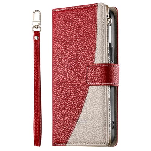 Funda de cuero tipo billetera con cremallera y múltiples tarjetas para Samsung Galaxy S23 5G, con costuras y correa corta (roja)