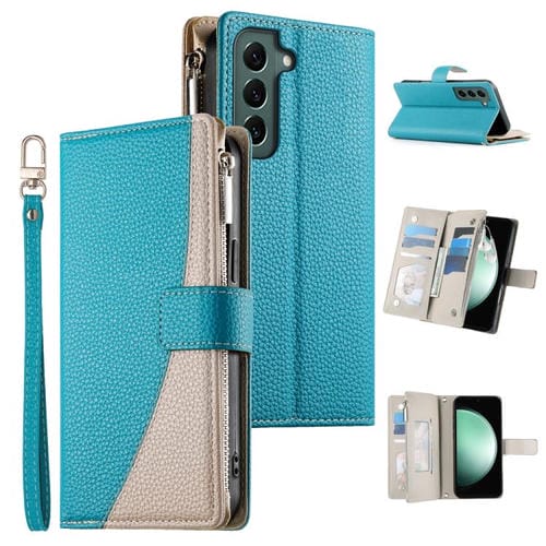 Funda de cuero tipo billetera con cremallera para Samsung Galaxy S22+ 5G, con costuras, múltiples tarjetas y correa corta (azul)