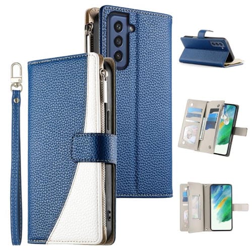 Funda de cuero tipo billetera con cremallera para Samsung Galaxy S21 FE 5G, con costuras, múltiples tarjetas y correa corta (azul oscuro)