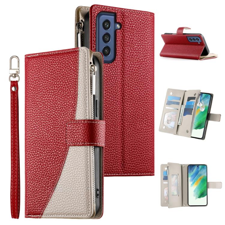 Funda de cuero tipo billetera con cremallera para Samsung Galaxy S21 FE 5G, con costuras, múltiples tarjetas y correa corta (roja)
