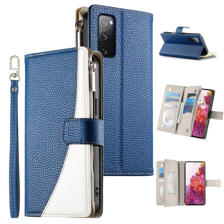 Funda de cuero tipo billetera con cremallera y múltiples tarjetas para Samsung Galaxy S20 FE con costuras y correa corta (azul oscuro)