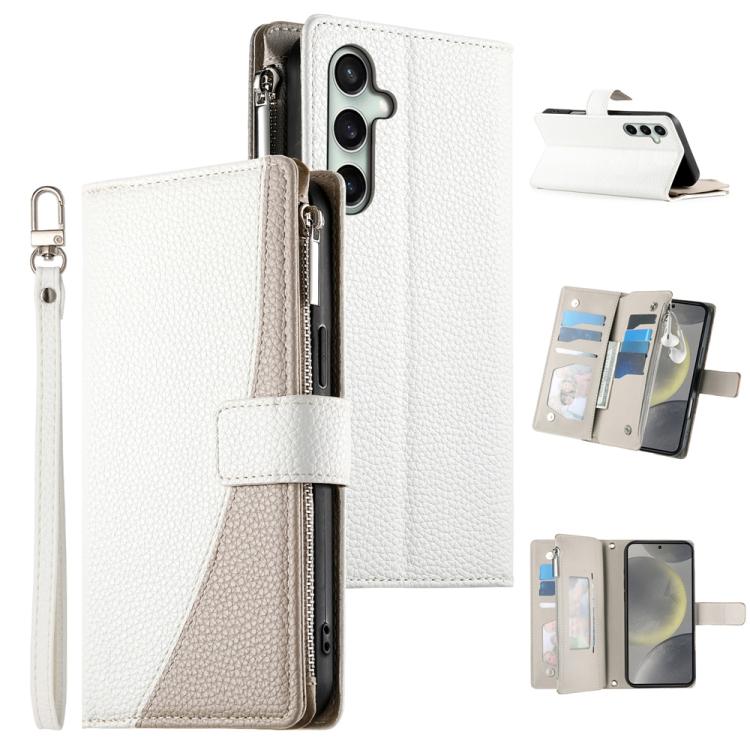 Funda de cuero tipo billetera con cremallera y múltiples tarjetas para Samsung Galaxy S25 FE 5G, con costuras y correa corta (blanca)