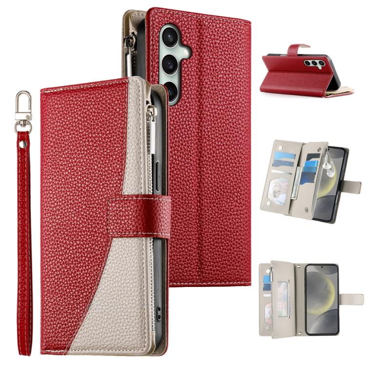 Funda de cuero tipo billetera con cremallera para Samsung Galaxy S25 FE 5G, con costuras, múltiples tarjetas y correa corta (roja)