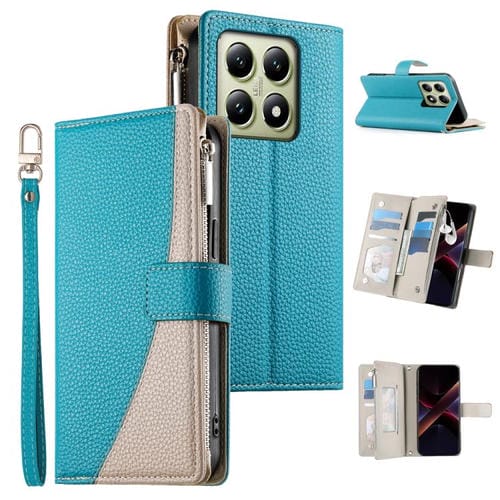 Funda de cuero con cremallera para Xiaomi 14T, con múltiples tarjetas y costuras, con correa corta (azul)
