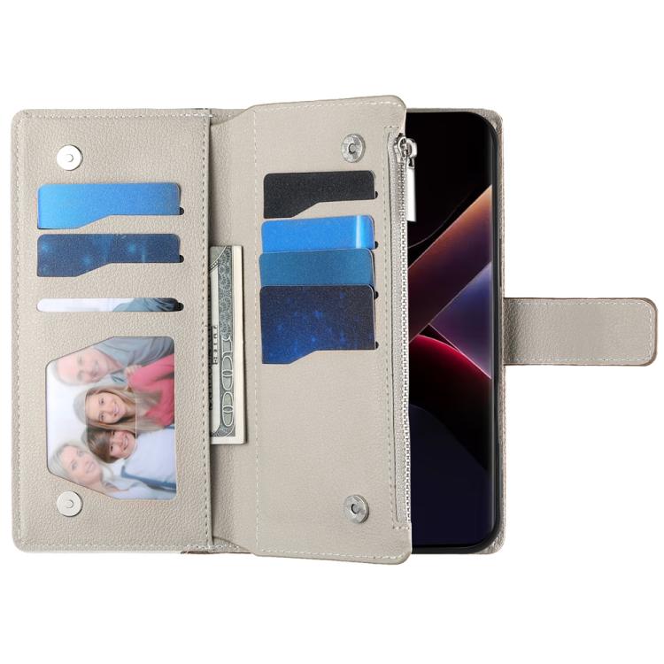 Funda de cuero con cremallera para Xiaomi 14T Pro, con múltiples tarjetas, costuras y correa corta (marrón)