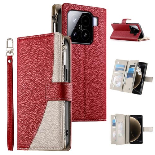 Funda de cuero con cremallera para Xiaomi 15, con múltiples tarjetas y costuras, con correa corta (roja)