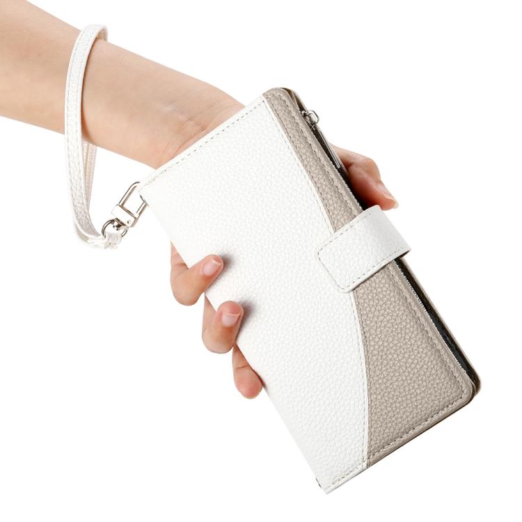 Funda de cuero con cremallera para Xiaomi 15 Pro, con múltiples tarjetas y costuras, con correa corta (blanca)