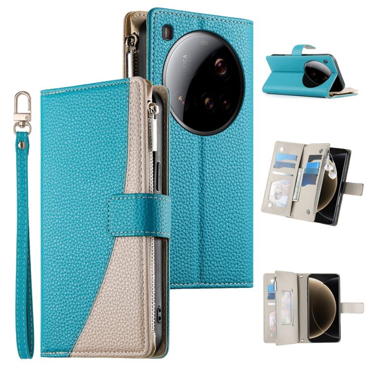 Funda de cuero con cremallera para Xiaomi 15 Ultra, con múltiples tarjetas y costuras, con correa corta (azul)