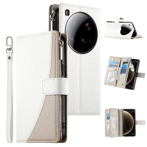 Funda de cuero con cremallera para Xiaomi 15 Ultra, con múltiples tarjetas y costuras, con correa corta (blanca)
