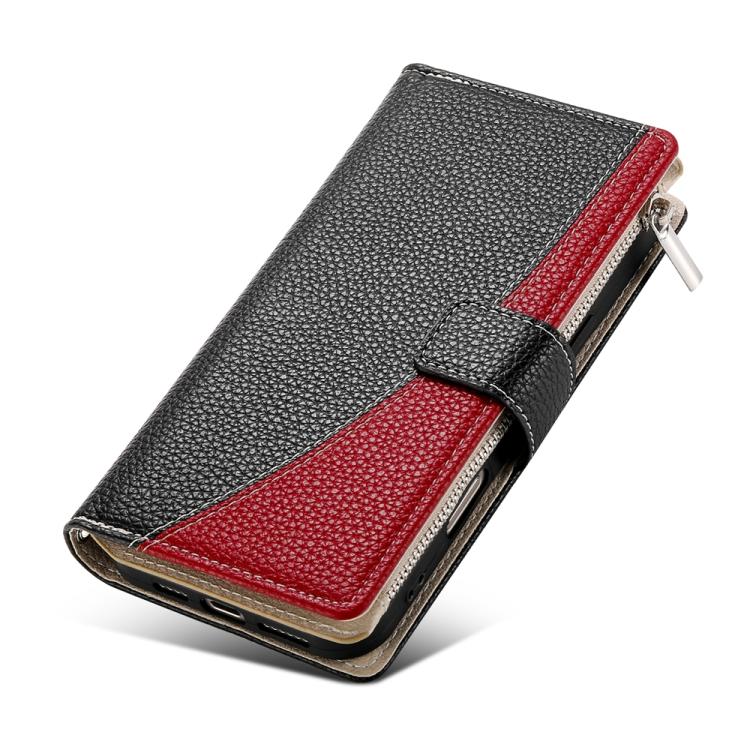Funda de cuero con cremallera para Redmi 12 4G / 5G / Note 12R, con costuras, para múltiples tarjetas y correa corta (negra)