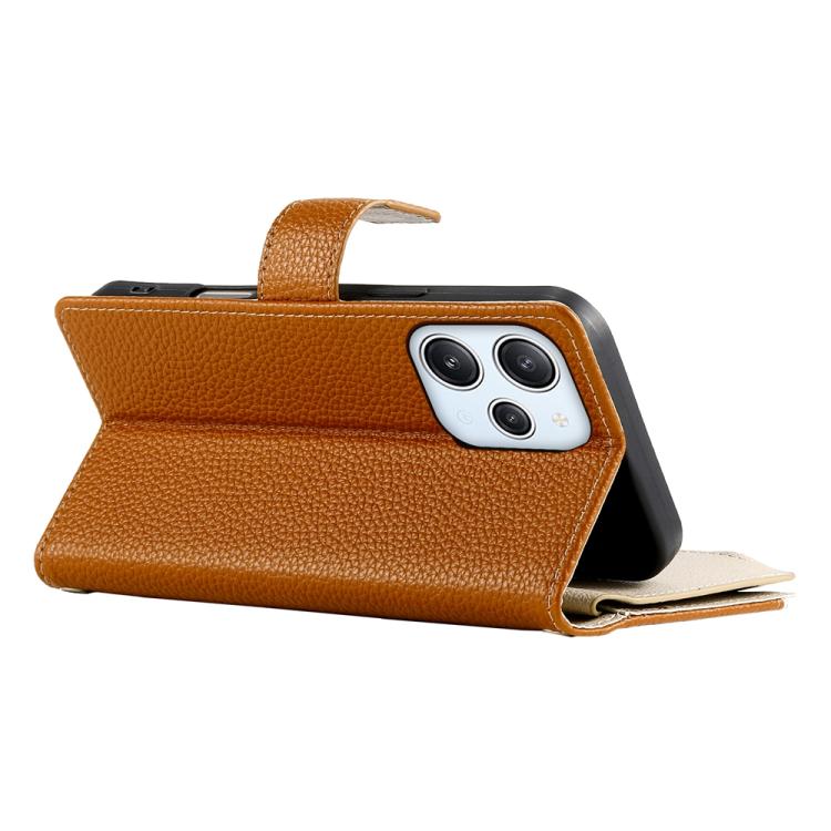 Funda de cuero con cremallera para Redmi 12 4G/5G/Note 12R, con costuras, para múltiples tarjetas y correa corta (marrón)