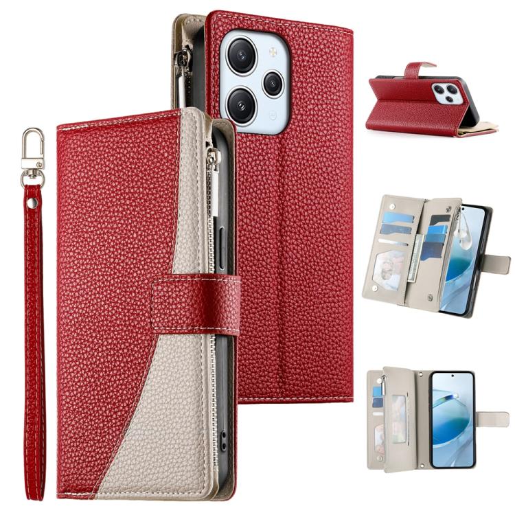 Funda de cuero con cremallera para Redmi 12 4G / 5G / Note 12R, con costuras, para múltiples tarjetas y correa corta (roja)
