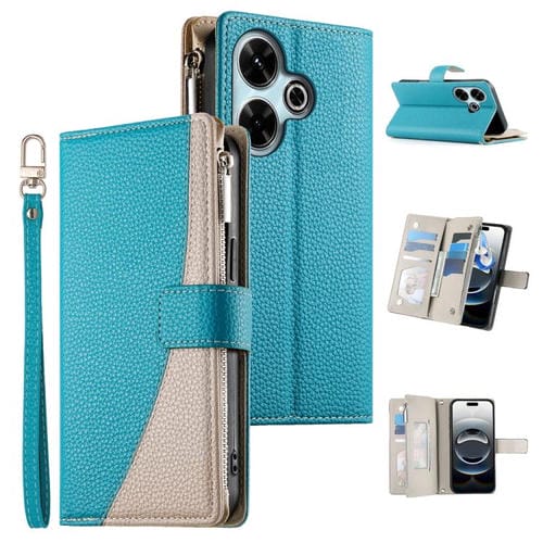 Funda de cuero con cremallera para Redmi 13 4G / 5G / Xiaomi Poco M6 4G, con costuras, múltiples tarjetas y correa corta (azul)