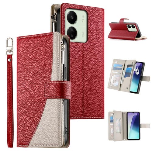 Funda de cuero con cremallera para Redmi 13C 4G / 5G / 13R / Xiaomi Poco C65, con costuras, múltiples tarjetas y correa corta (roja)