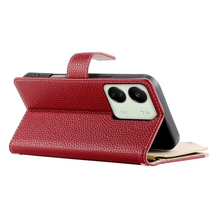 Funda de cuero con cremallera para Redmi 13C 4G / 5G / 13R / Xiaomi Poco C65, con costuras, múltiples tarjetas y correa corta (roja)