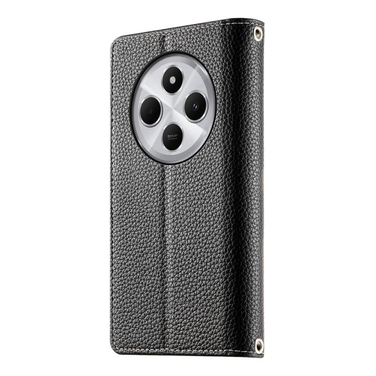 Funda de cuero con cremallera y múltiples tarjetas para Redmi 14C 4G / 14R / A4 5G / A3 Pro, con costuras y correa corta (negra)