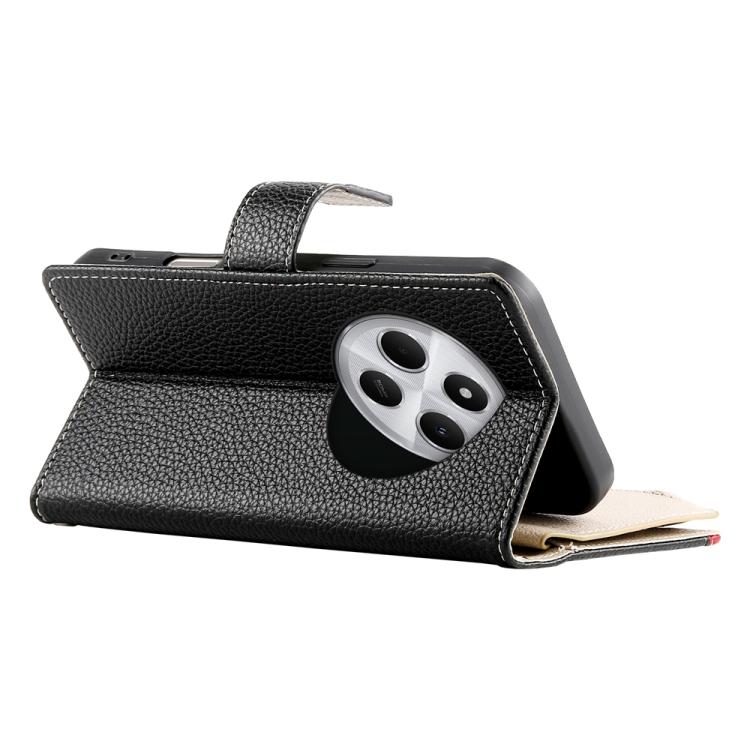 Funda de cuero con cremallera y múltiples tarjetas para Redmi 14C 4G / 14R / A4 5G / A3 Pro, con costuras y correa corta (negra)