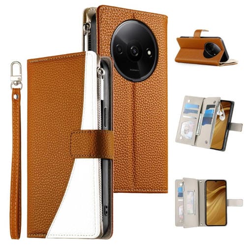 Funda de cuero con cremallera para Redmi A3 / Xiaomi Poco C61, con costuras, para múltiples tarjetas y correa corta (marrón)