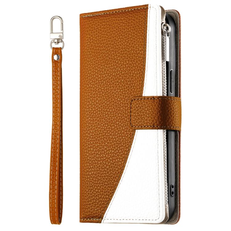 Funda de cuero con cremallera para Redmi A5 4G (171,7 mm) y Xiaomi Poco C71, con costuras, múltiples tarjetas y correa corta (marrón)