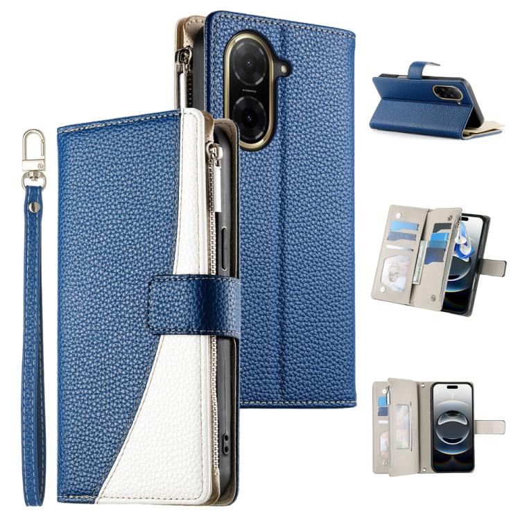 Funda de cuero con cremallera para Redmi A5 4G (171,7 mm) y Xiaomi Poco C71, con costuras, múltiples tarjetas y correa corta (azul oscuro)