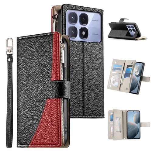 Funda de cuero con cremallera para Redmi K70 Ultra, con múltiples tarjetas y costuras, con correa corta (negra)