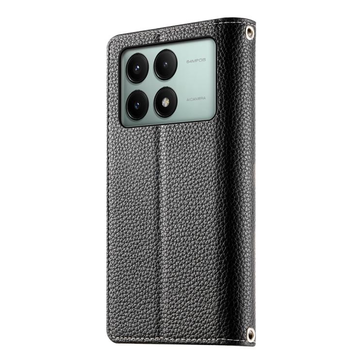 Funda de cuero con cremallera y múltiples tarjetas para Redmi K70E/Xiaomi Poco X6 Pro, con costuras y correa corta (negra)