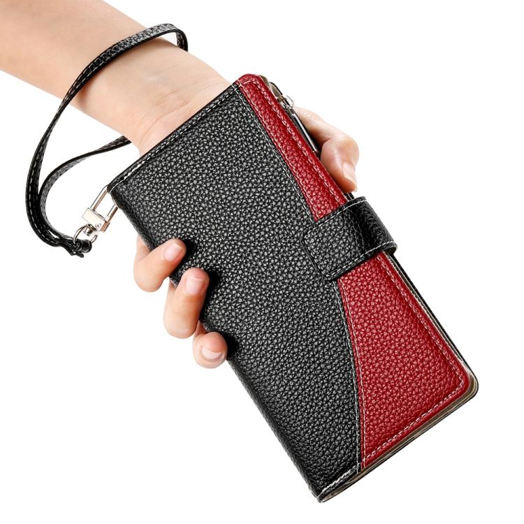 Funda de cuero con cremallera y múltiples tarjetas para Redmi K70E/Xiaomi Poco X6 Pro, con costuras y correa corta (negra)