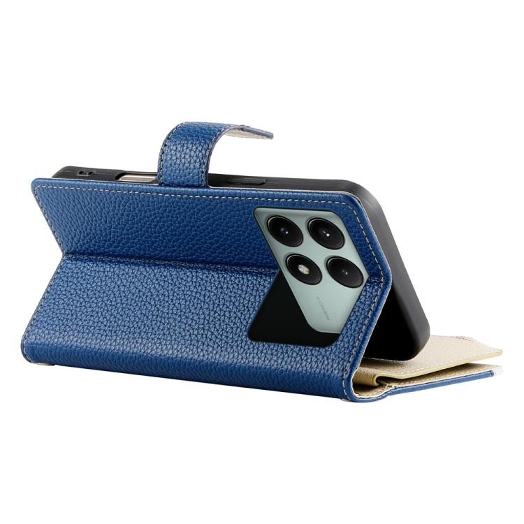 Funda de cuero con cremallera para Redmi K70E y Xiaomi Poco X6 Pro, con costuras, para múltiples tarjetas y correa corta (azul oscuro)