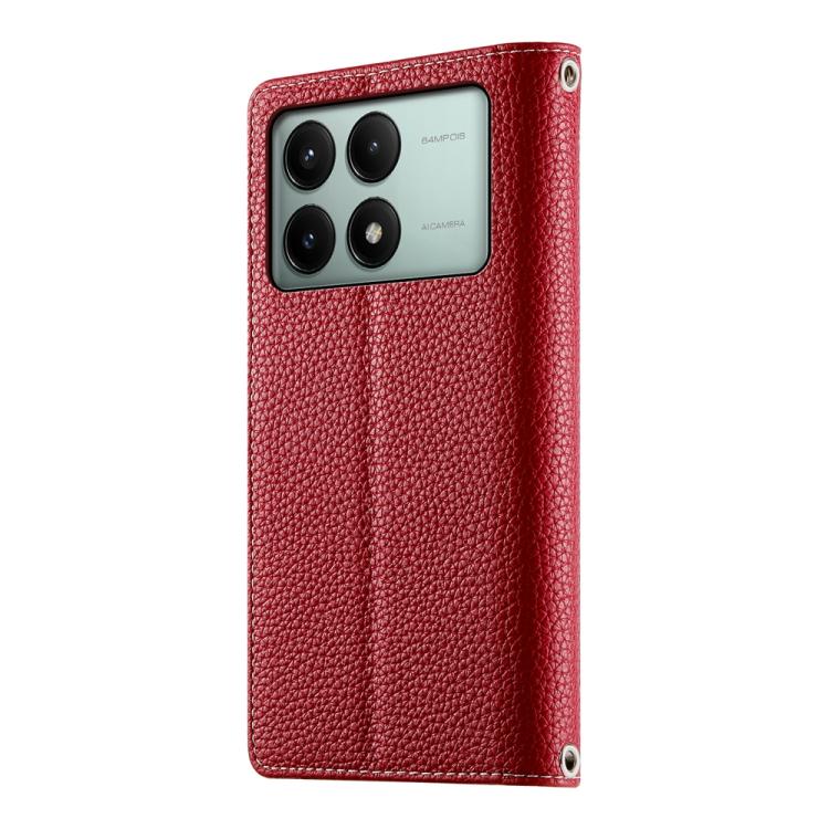 Funda de cuero con cremallera para Redmi K70E y Xiaomi Poco X6 Pro, con costuras, múltiples tarjetas y correa corta (roja)