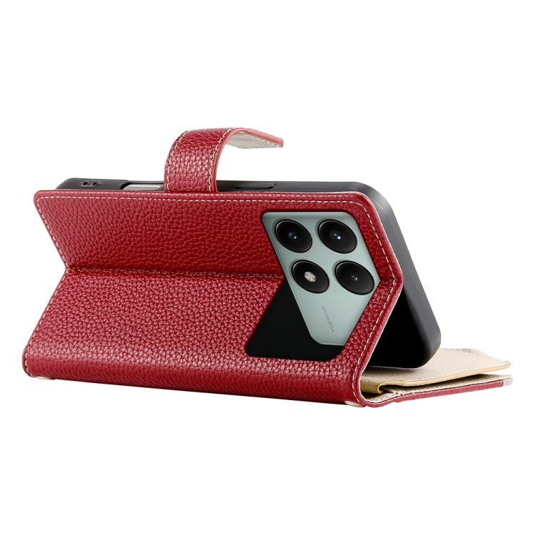 Funda de cuero con cremallera para Redmi K70E y Xiaomi Poco X6 Pro, con costuras, múltiples tarjetas y correa corta (roja)
